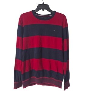Tommy Hilfiger Men's Red Navy Blue Striped Crew Neck Sweater Size L